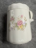 Vintage1988 FTDA White Porcelain Floral Canister Jar With Matching Lid/Side Spoon Holder