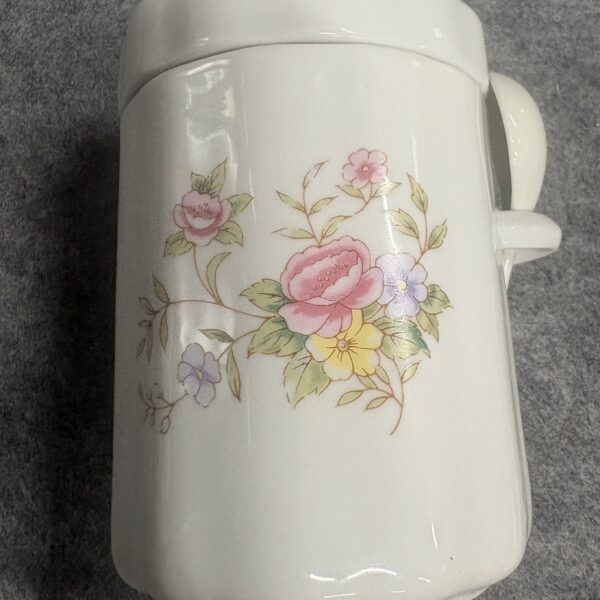 Vintage1988 FTDA White Porcelain Floral Canister Jar With Matching Lid/Side Spoon Holder